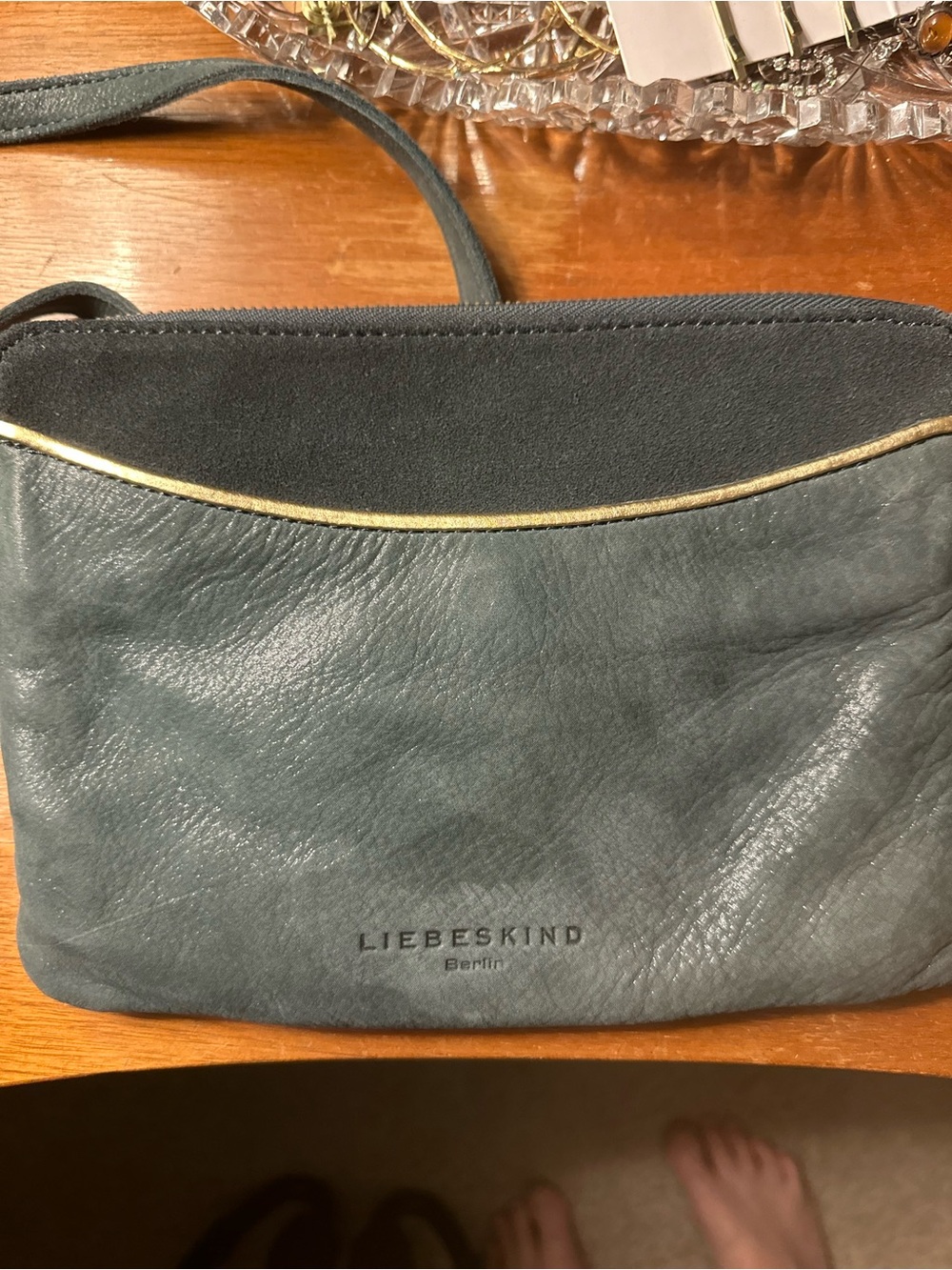 Liebeskind Teal and Black Leather Crossbody with Gold Trim suede buttery